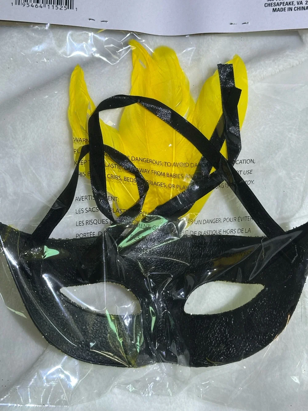 🎭 Gold Glitter Masquerade Mask Yellow Feathers Rhinestones Mardi Gras Costume 🎭